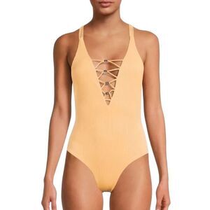 NWT Yellow Ribbed Lace Up One Piece Swimsuit Large